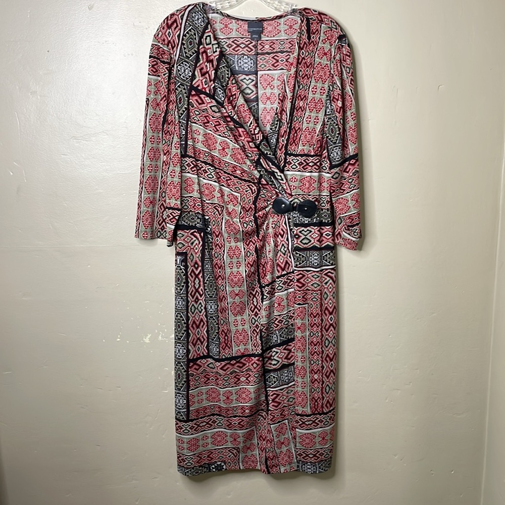 COVINGTON Dress Red & Tan Faux Wrap Aztec Pattern Flattering Silhouette 2X